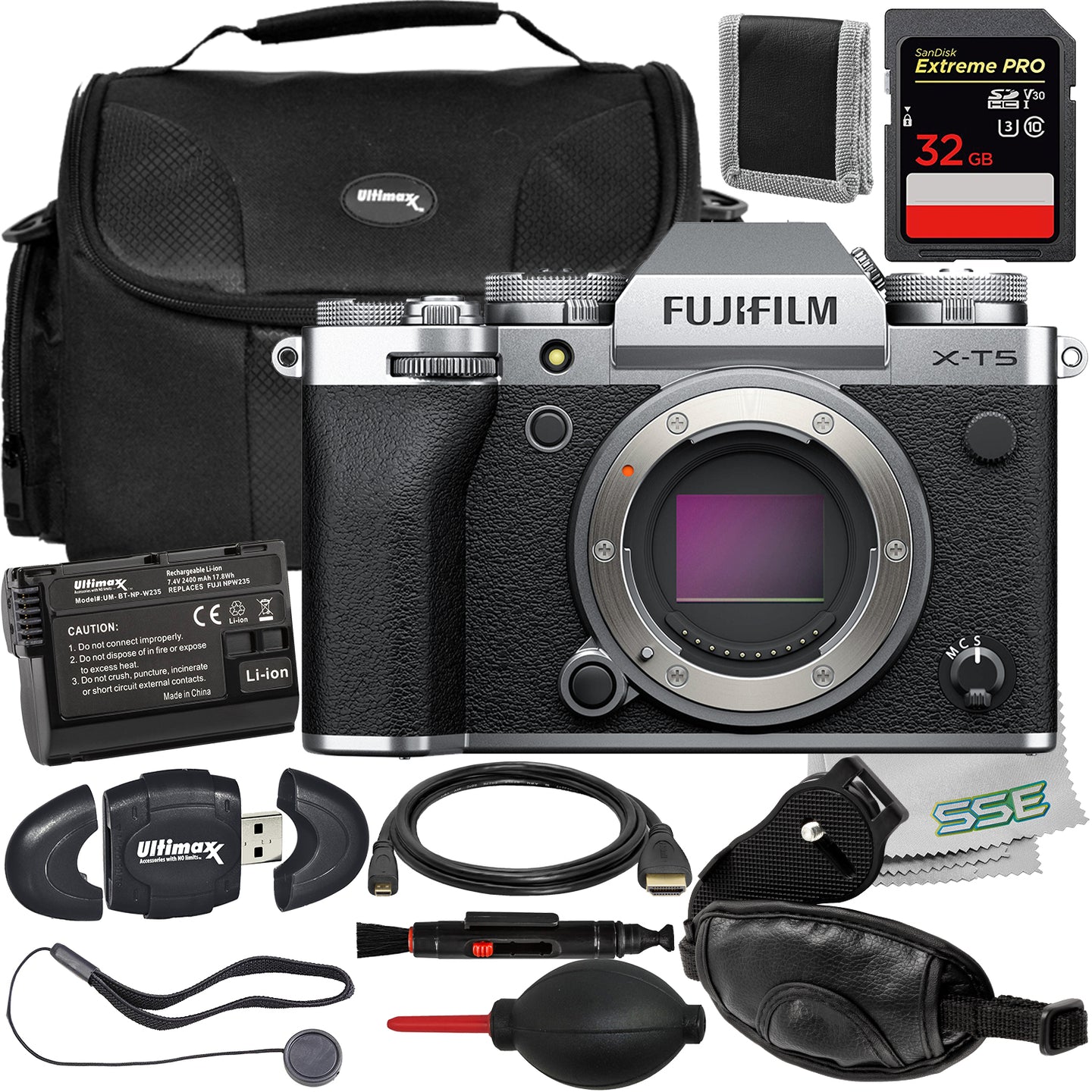 Ultimaxx Essential FUJIFILM X-T5 (Silver, Body Only) Bundle - Includes: 32GB Extreme Pro Memory Card, Water-Resistant Gadget Bag, Replacement Battery & More (20pc Bundle)