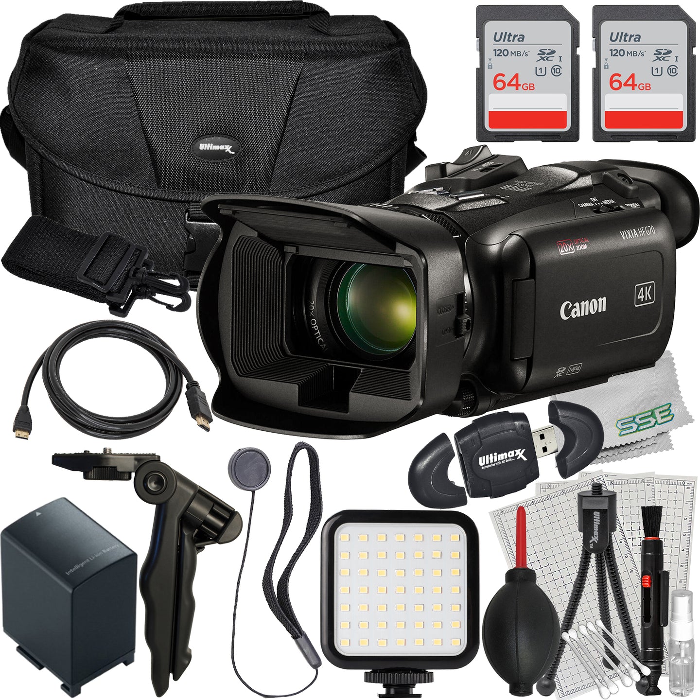 Ultimaxx Essential Canon G70 Camcorder Bundle - Includes: 2x 64GB Ultra Memory Cards, Spare Battery, Ultra-Bright LED Light Kit, Tabletop 6.5? Tripod & More (21pc Bundle)