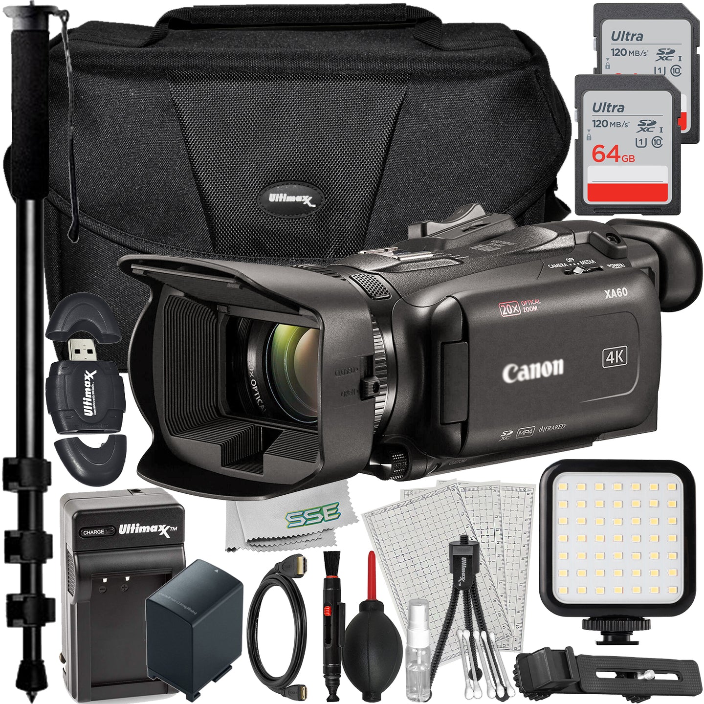 Ultimaxx Essential Canon XA60 Camcorder Bundle - Includes: 2x 64GB Ultra Memory Cards, Spare Battery with Travel Charger, Lightweight Monopod & Much More (23pc Bundle)