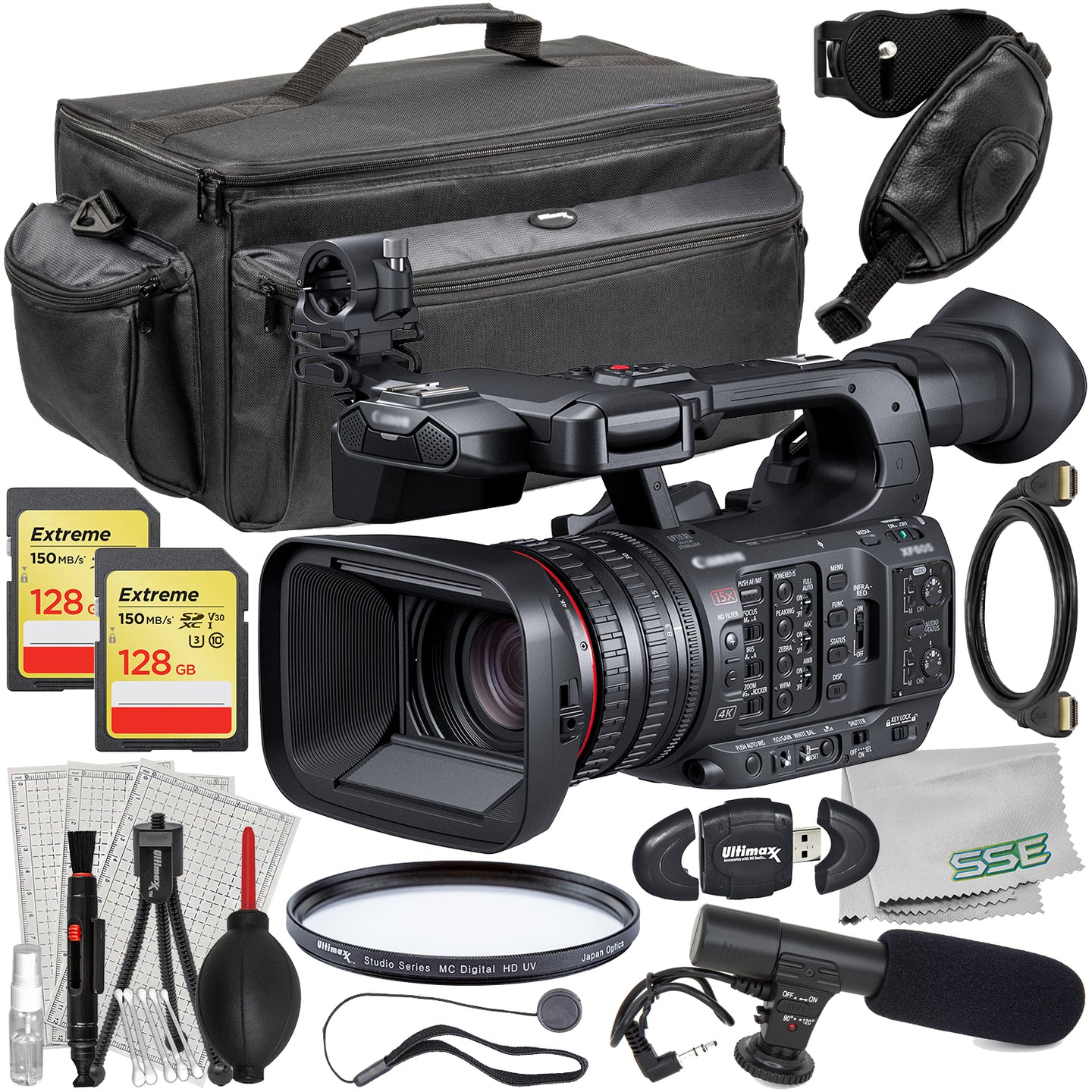 Ultimaxx Essential Canon XF605 UHD 4K HDR Pro Camcorder Bundle - Includes: 2x 128GB Extreme Memory Cards, Mini Condenser Microphone & More (22pc Bundle)