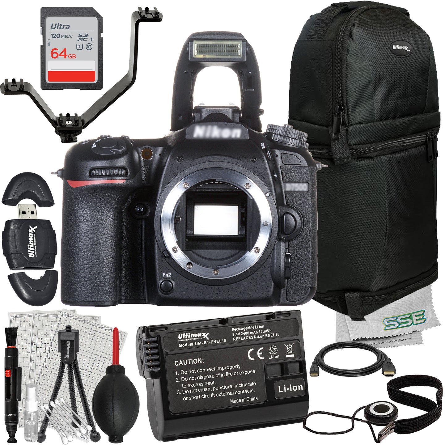 Ultimaxx Starter Nikon D7500 DSLR Camera Bundle (Body Only) - Includes: 64GB Ultra Memory Card, 1x Replacement Battery, V-Shaped Bracket & More (22pc Bundle)