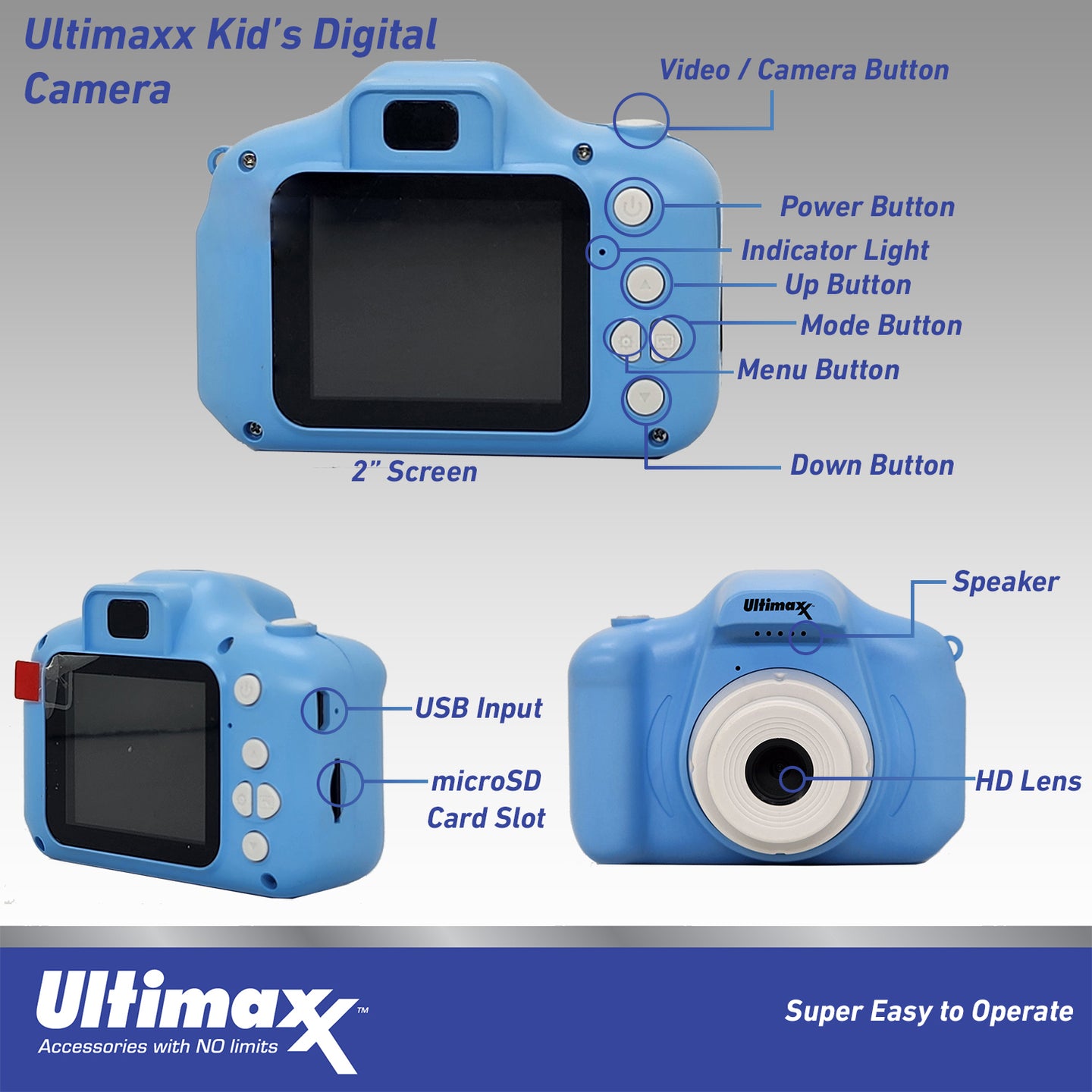 Ultimaxx Kid's Digital Camera w/ 32GB Micro SD Card, USB Cable - Blue
