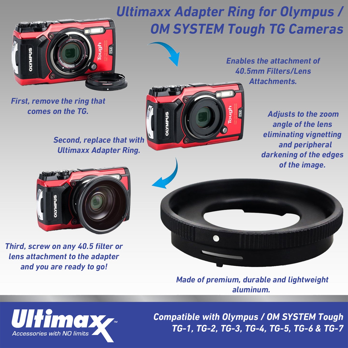 ULTIMAXX Adapter Ring for TG 1,2,3,4,5, 6 & OM SYSTEM Tough TG-7 - 40.5 mm