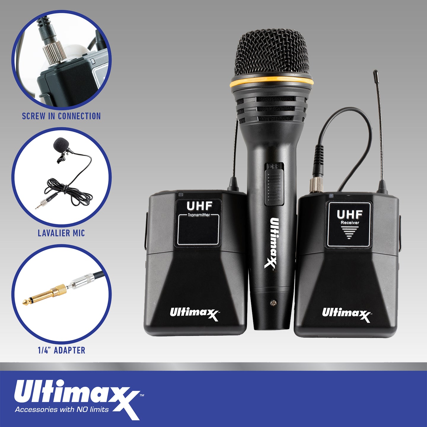 Ultimaxx Wireless Microphone Kit w/ Lavalier Mic, Cables, Carry Case, Handheld Mic