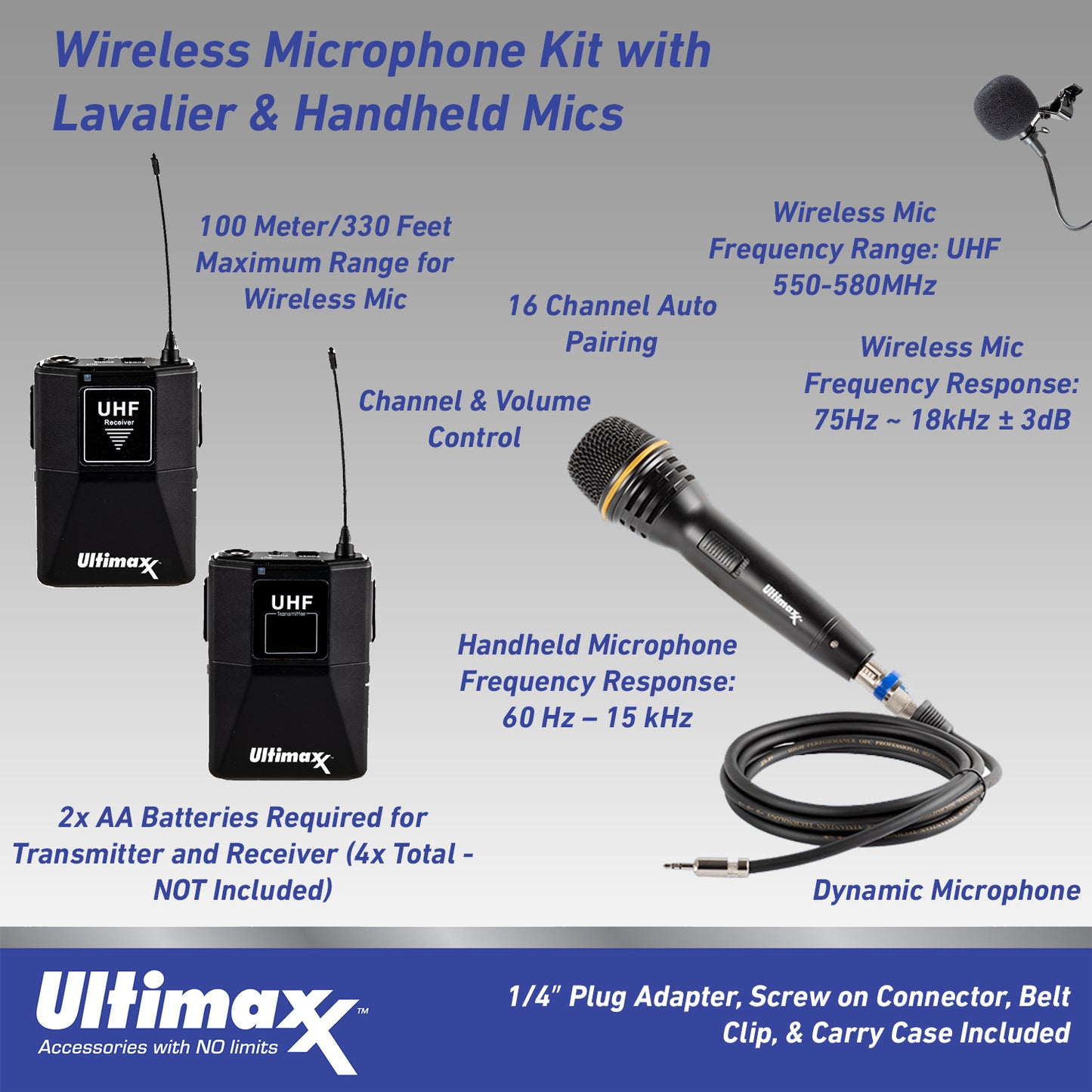 Ultimaxx Wireless Microphone Kit w/ Lavalier Mic, Cables, Carry Case, Handheld Mic