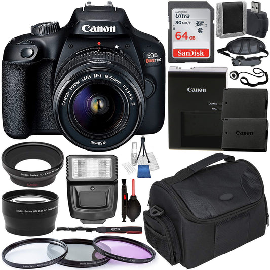 Canon EOS Rebel T100 DSLR Camera with EF-S 18-55mm f/3.5-5.6 III Lens & Deluxe Accessory Bundle - Includes: Extended Life LPE10 Spare Battery, Digital Slave Flash, Protective Carrying Case & Much More
