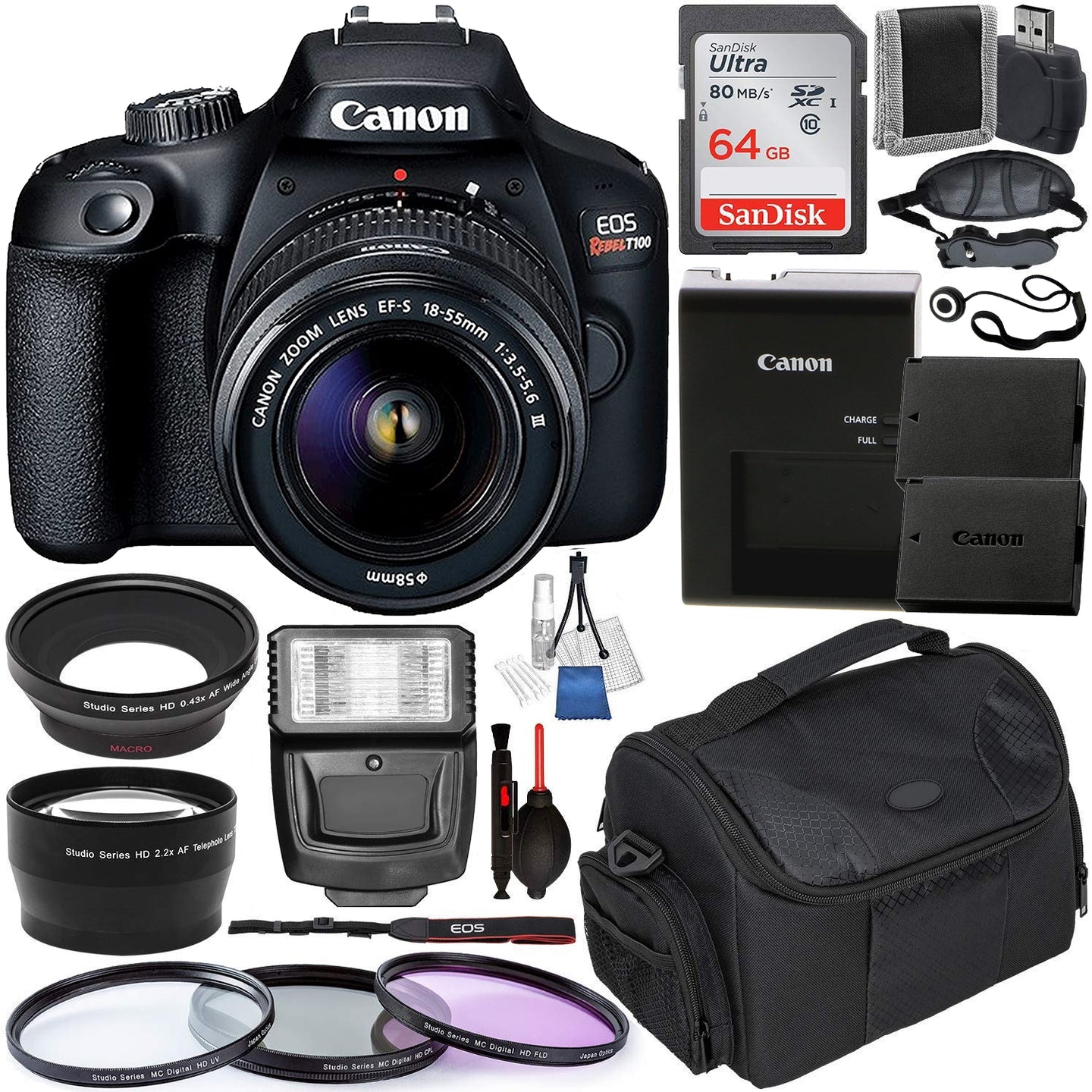 Canon EOS Rebel T100 DSLR Camera with EF-S 18-55mm f/3.5-5.6 III Lens & Deluxe Accessory Bundle - Includes: Extended Life LPE10 Spare Battery, Digital Slave Flash, Protective Carrying Case & Much More